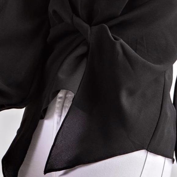 *NEW* BLACK TWIST-FRONT LONG SLEEVE BLOUSE WITH RUFFLE CUFF - Picture 2 of 5